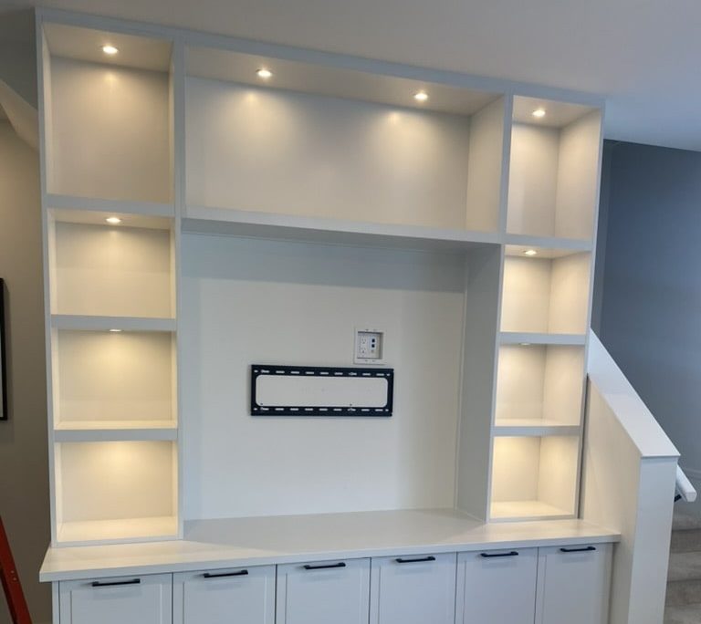 Custom built-in entertainment center in Langley crafted by Giovani Interior Millwork Inc.